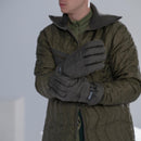 Man wearing an original German army quilted field jacket parka with black insulated gloves winter military style