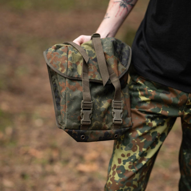 Original German army flecktarn camo combat bag with buckles, durable military surplus pouch for outdoor use