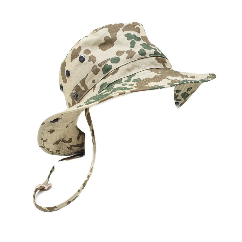 Original German Army tropical camo boonie hat with wide brim and chin strap for sun protection and outdoor use