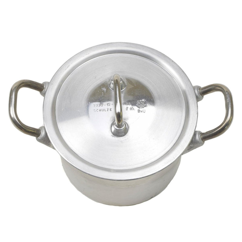 Original German military aluminum 2 liters pot with lid, sturdy handles, ideal for hiking and camping use.