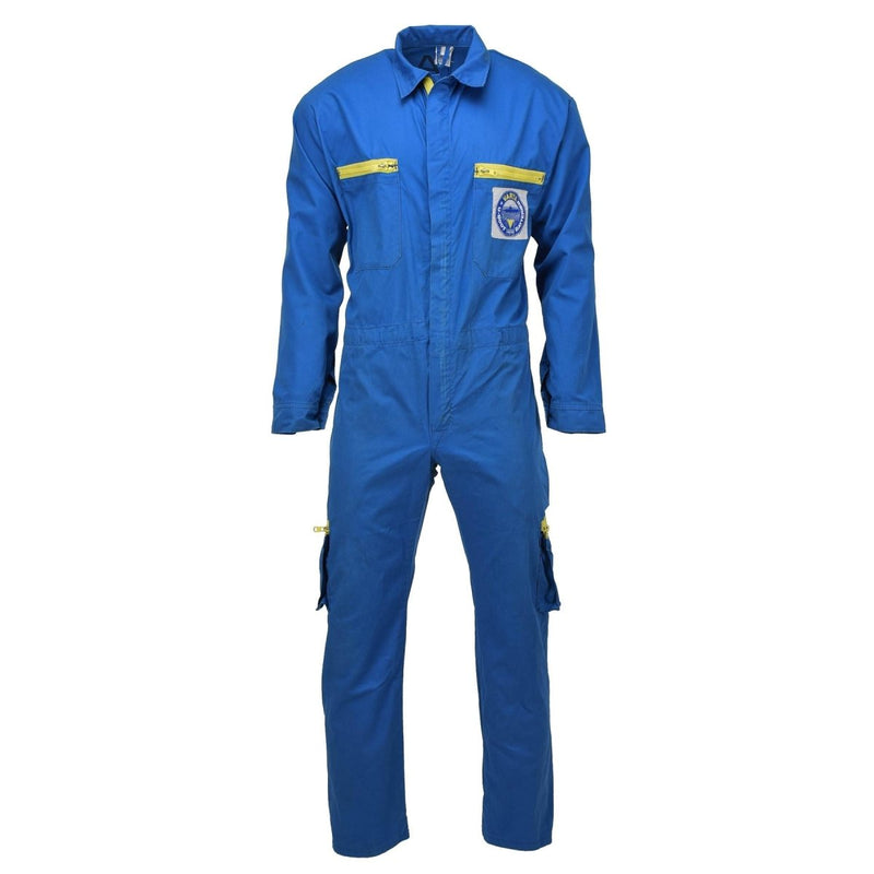 Original German Military Bundeswehr blue acid-resistant coverall with cargo pockets and two-way zipper, durable polyester cotton blend