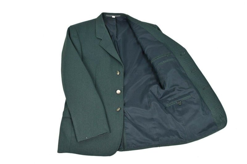 Original German police dress jacket in green with silver buttons, lined interior, and multiple functional pockets.