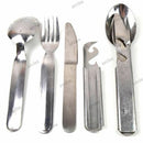 Original Hungarian military cutlery set of stainless steel spoon, fork, knife, and can opener for outdoor use.