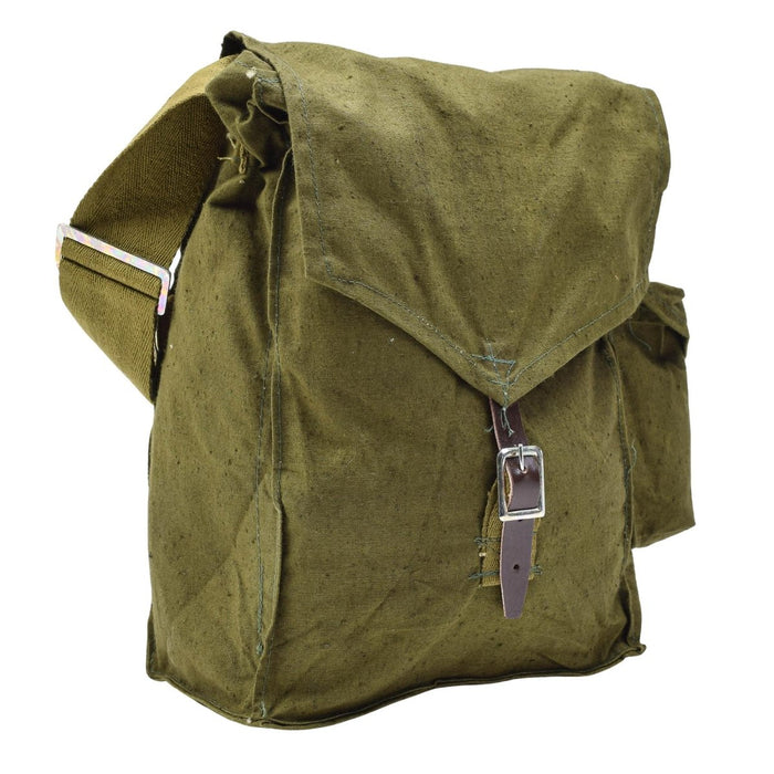 Original Hungarian military olive gas mask carrying bag leather strap vintage - GoMilitar