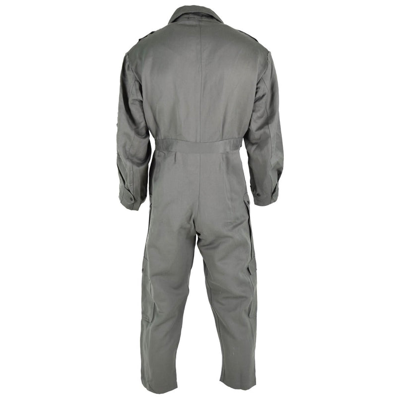 Back view of durable green Italian Air Forces workwear coverall with adjustable waist and long sleeves