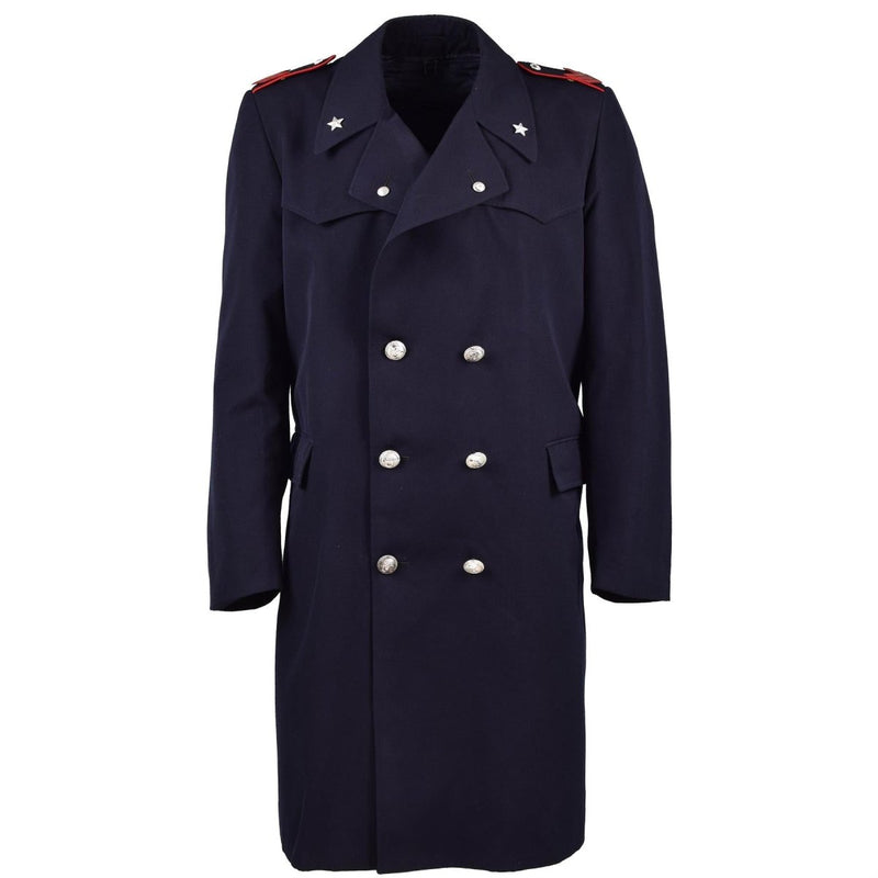 Vintage original Italian Military Police trench coat with silver buttons and red epaulettes, navy blue long carabinieri coat.