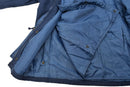 Inside view of original Italian trilaminated navy parka jacket showing blue waterproof lining and adjustable features