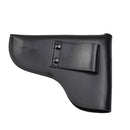 Black genuine leather military-style holster for Beretta 92 pistol with snap button belt attachment clasp