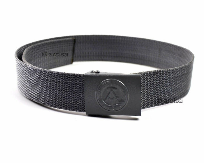 Original East German military grey canvas belt with embossed box buckle, durable and authentic vintage army gear.