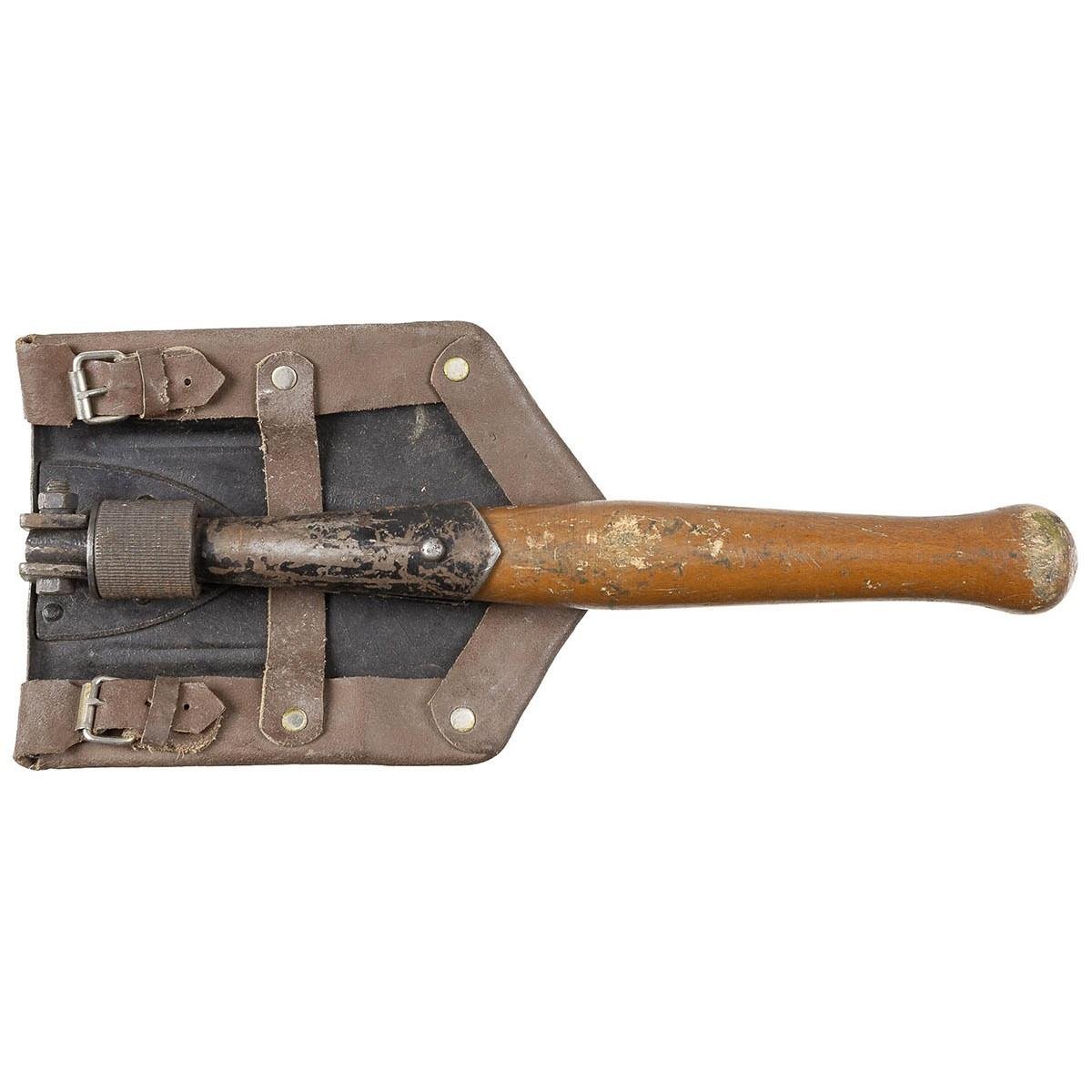 Original Romanian Army foldable serrated shovel wooden handle leather sheath