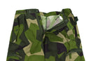 Close-up of original Swedish Army M90 splinter camouflage combat pants with zipper and button details visible