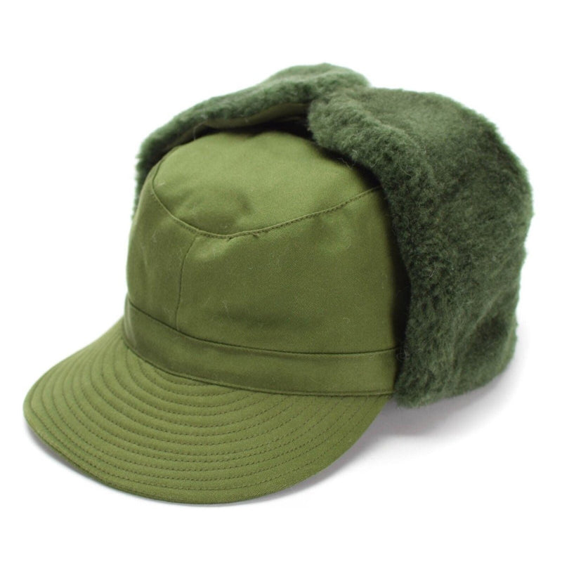 Swedish military green M59 winter combat cap with earflaps and faux fur lining for cold weather protection