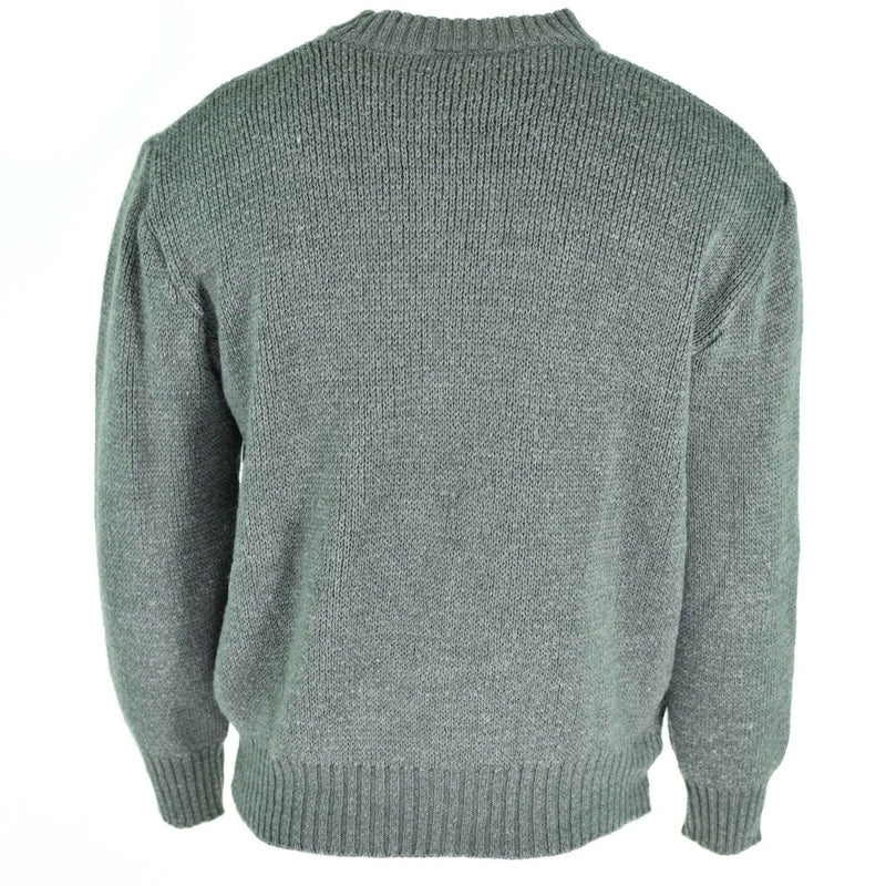 Back view of original Swiss army M74 grey wool pullover sweater with ribbed cuffs and waistband