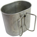 Vintage Swiss army aluminum mess cup with butterfly handle, durable and compact for outdoor or military use.