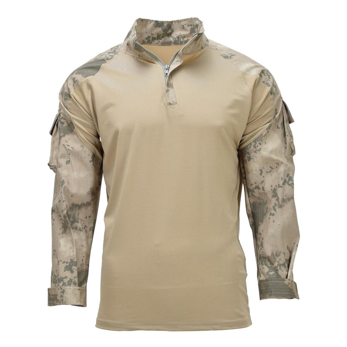 Original Turkish military tactical combat shirt with tan breathable torso and camo long sleeves, zippered collar, and arm pockets