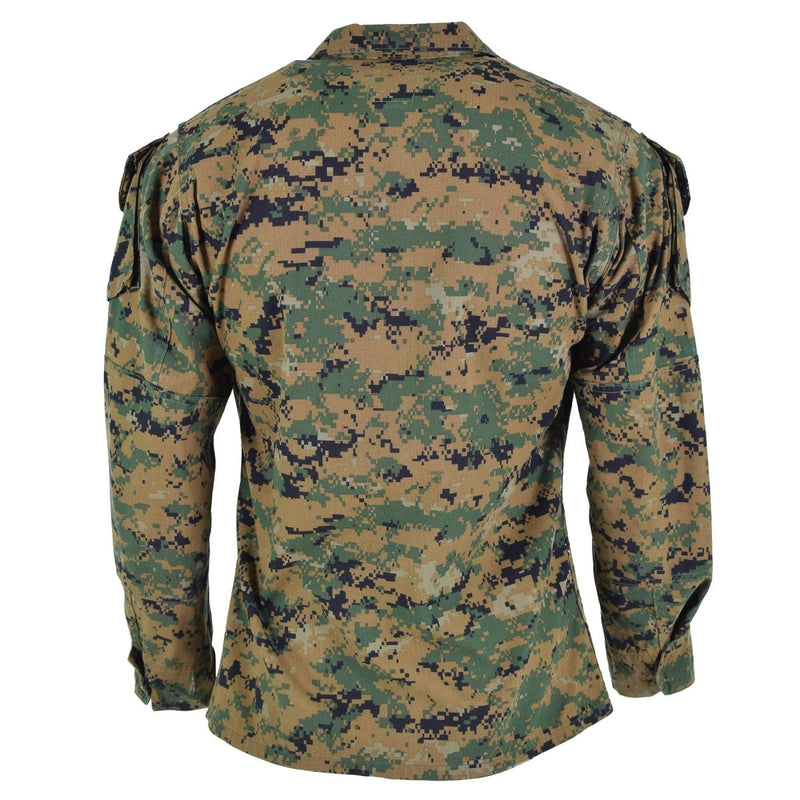 Original US Army BDU digital woodland camo jacket with insect-repellent, adjustable cuffs, and reinforced stitching for durability.