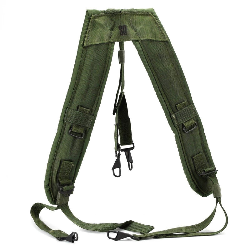 Original U.S. Army green webbing suspenders designed for comfort and load distribution in military use.