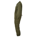 Side view of original olive green U.S. military mechanic coveralls with elastic cuffs and snap closure