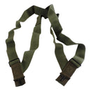 Genuine U.S. military M1950 olive suspenders with adjustable shoulder harness and metal clips for durable pants support.