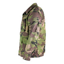Side view of original vintage Slovakian army M97 camouflage military field jacket with multiple pockets and epaulets