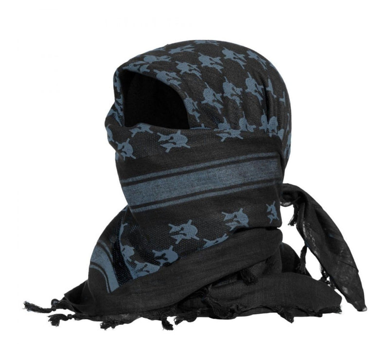 Black and blue patterned headscarf on a white background