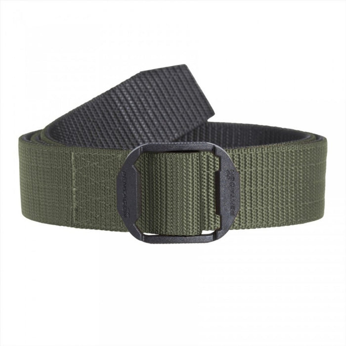 Durable green nylon webbing tactical belt with black non-metal POM double buckle designed for everyday and professional use