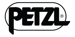 Black Petzl logo with bold stylized uppercase letters and a thin circular outline around the text on a white background
