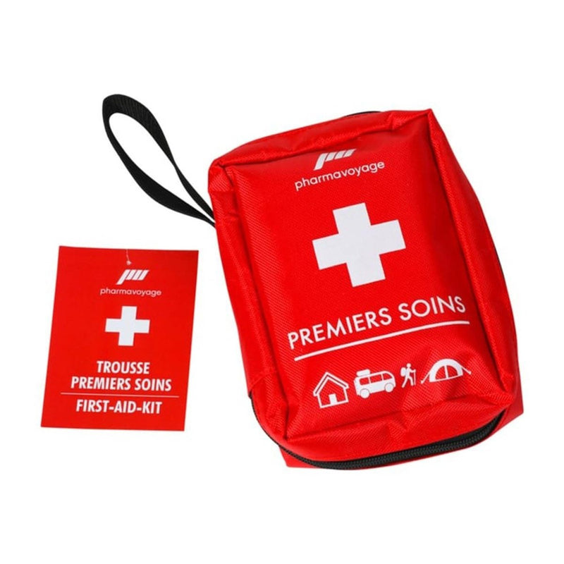 Red first aid kit with white cross symbol and 'pharmavoyage' branding on a white background.