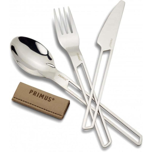 Lightweight stainless steel camping cutlery set with knife, fork, spoon, and leather carrying sleeve by Primus.