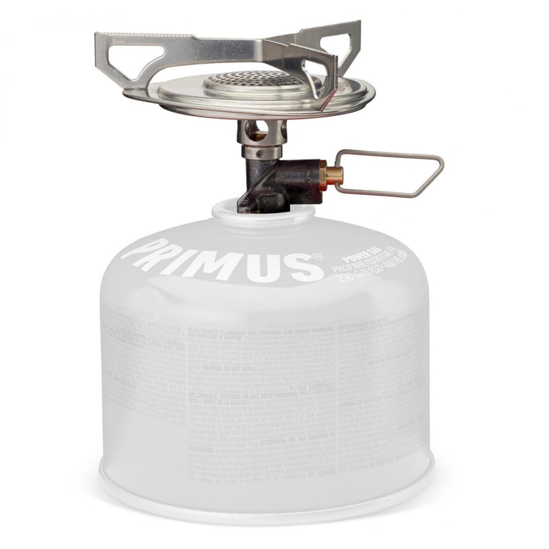 Compact Primus Essential Trail DUO camping stove with gas canister, designed for quick boiling and outdoor cooking.