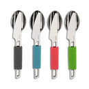 Set of four lightweight camping cutlery with knife, fork, spoon, and colorful silicone handles for outdoor use.