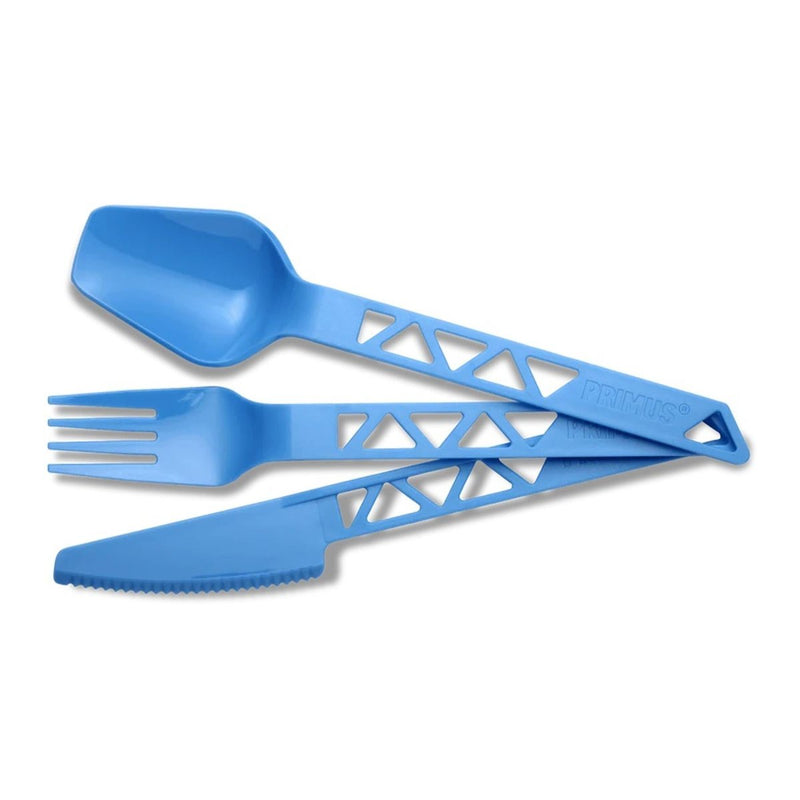 Lightweight blue plastic camping cutlery set with spoon, fork, and serrated knife, designed for outdoor use and easy carrying.