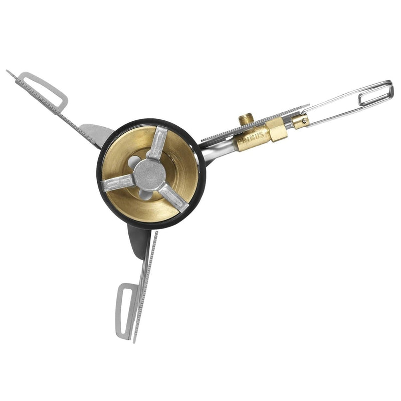 Top view of Primus OmniLite Ti lightweight titanium camping stove with foldable pot supports and brass burner ring