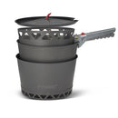 Primus PrimeTech 2.3L camping cookware set with pots, lid, heat exchanger, and pot gripper for outdoor cooking.