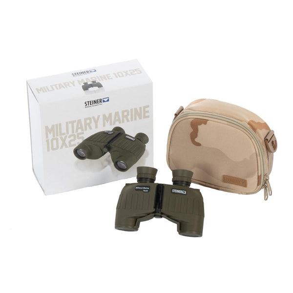 Steiner Military Marine 10x25 olive binoculars with rugged design, carrying case, and packaging box for outdoor use.