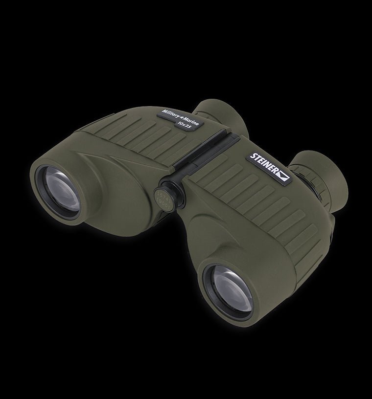 Steiner Military Marine 10x25 binoculars in olive green with rugged design and Sports-Auto-Focus for outdoor use.