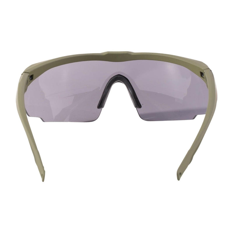 Olive SWISS EYE safety glasses with adjustable angle, anti-fog, UV protection, and scratch-resistant lenses.
