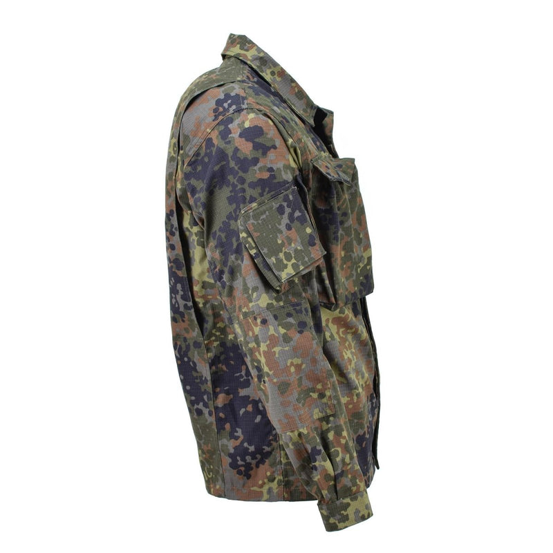 TACGEAR German military style field jacket with Flecktarn camo pattern, multiple pockets, and reinforced elbows for durability.