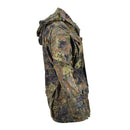 Side view of TACGEAR Flecktarn tactical jacket with YKK zipper, multiple pockets, and adjustable cuffs and waist.