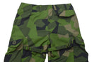 Swedish military combat pants in splinter camo with cargo pockets, compression straps, and ripstop fabric for durability.