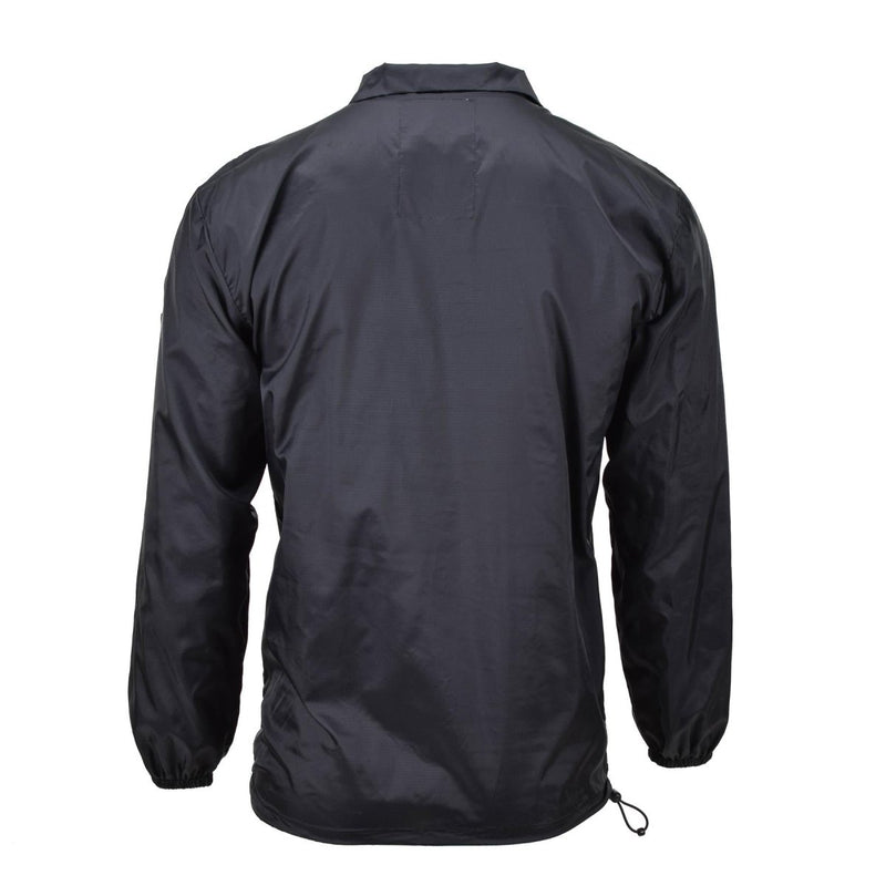 Back view of TACGEAR black lightweight windproof nylon camping and hiking smock jacket