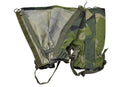 TACGEAR waterproof Swedish army M90 splinter camo gaiters with metal hooks, one size, designed for outdoor leg protection.