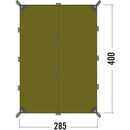 Top-down view of olive green Tatonka waterproof shelter tarp with dimensions 285 by 400 cm showing eyelets and guy loops