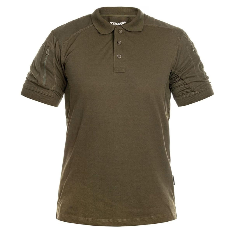 Olive green TEXAR Elite Pro tactical short sleeve polo shirt with button collar and zippered sleeve pockets.