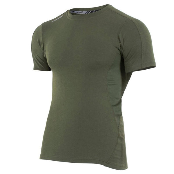 Olive green TEXAR short sleeve tactical base layer undershirt designed for military and outdoor use with breathable fabric.