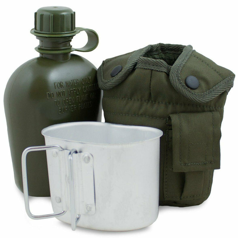 U.S. Army style canteen M1 water bottle with metal cover cup and green pouch with alice clips for outdoor use