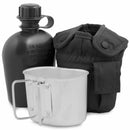 U.S. Army style M1 canteen water bottle with metal cover cup and black fabric pouch with alice clips