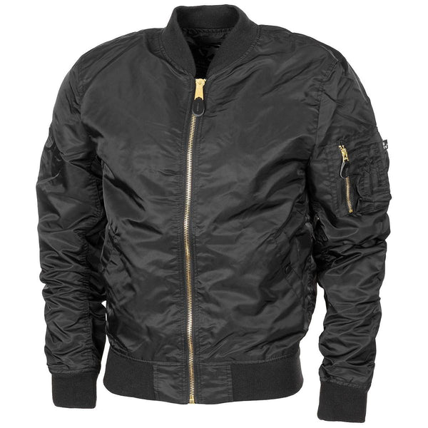 Black U.S. Air Force MA1 bomber jacket with gold zipper, ribbed cuffs, waistband, and multiple pockets for a windproof fit.